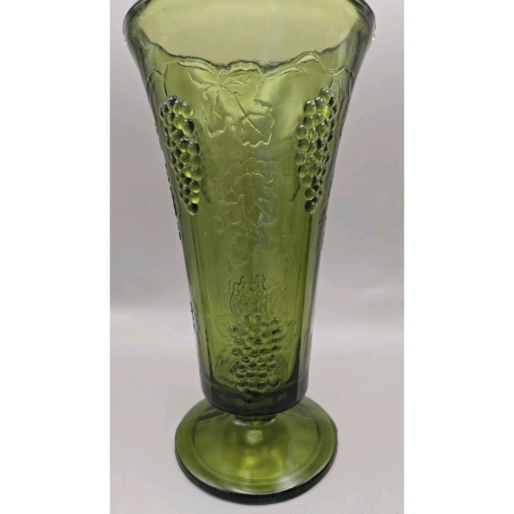 Vintage MCM Vase Green Glass Pedestal Indiana Pressed Depression Glass 70's